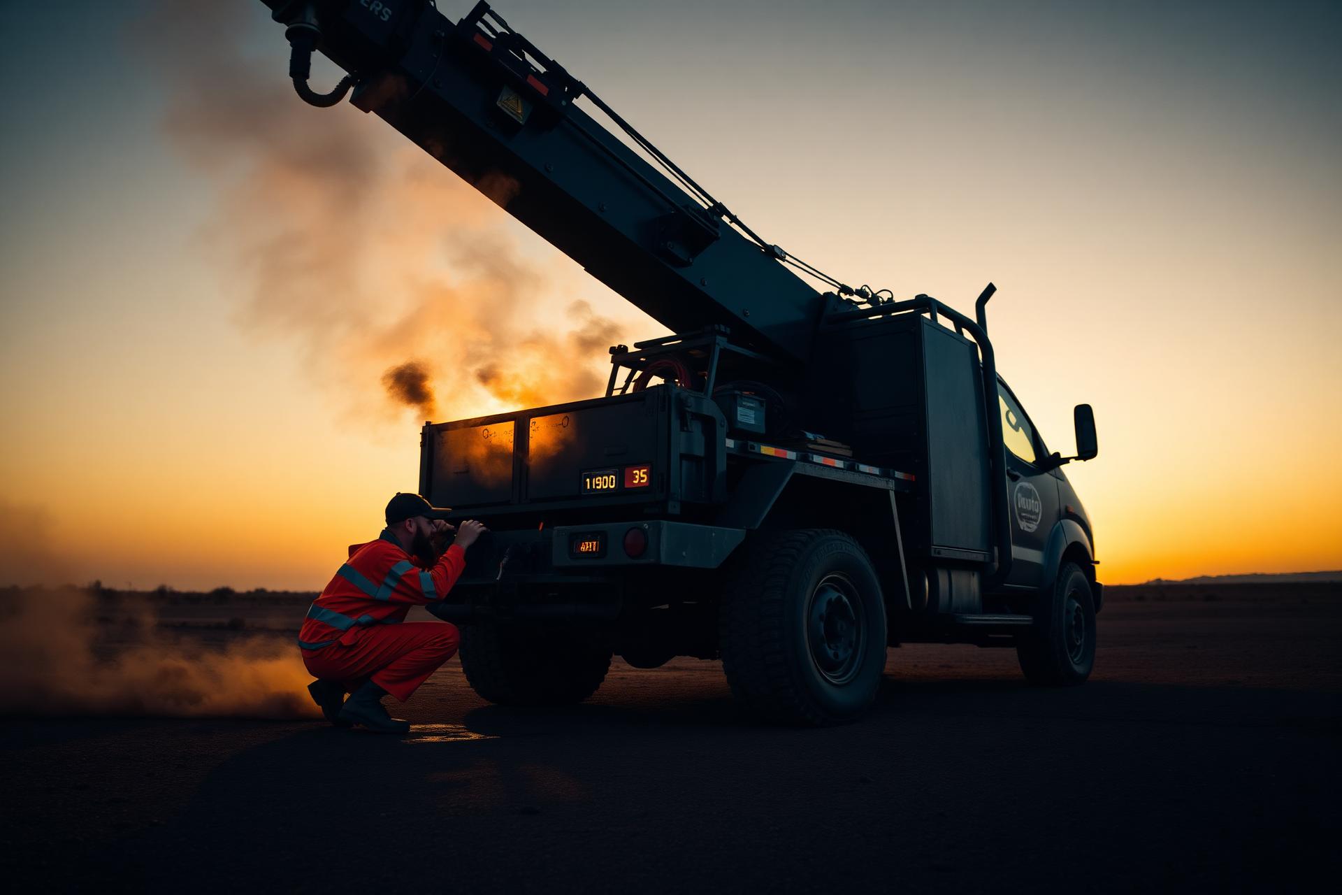 Hydraulic service technician working on heavy machinery at sunset